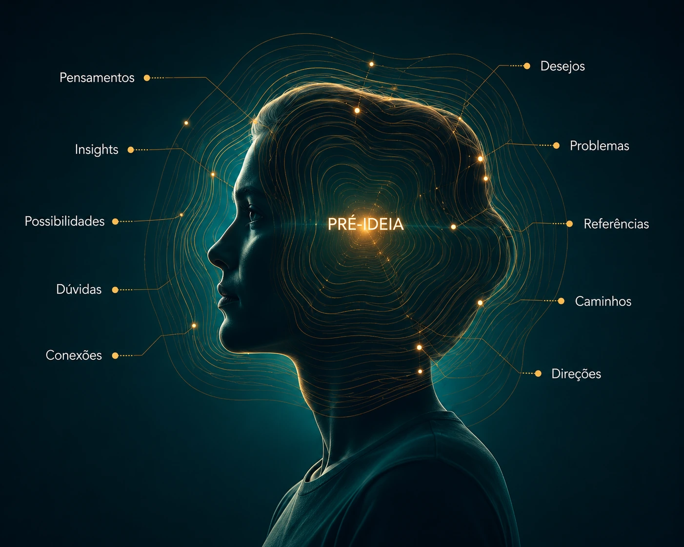 Perfil humano com conexões de pensamentos ao redor da pré-ideia